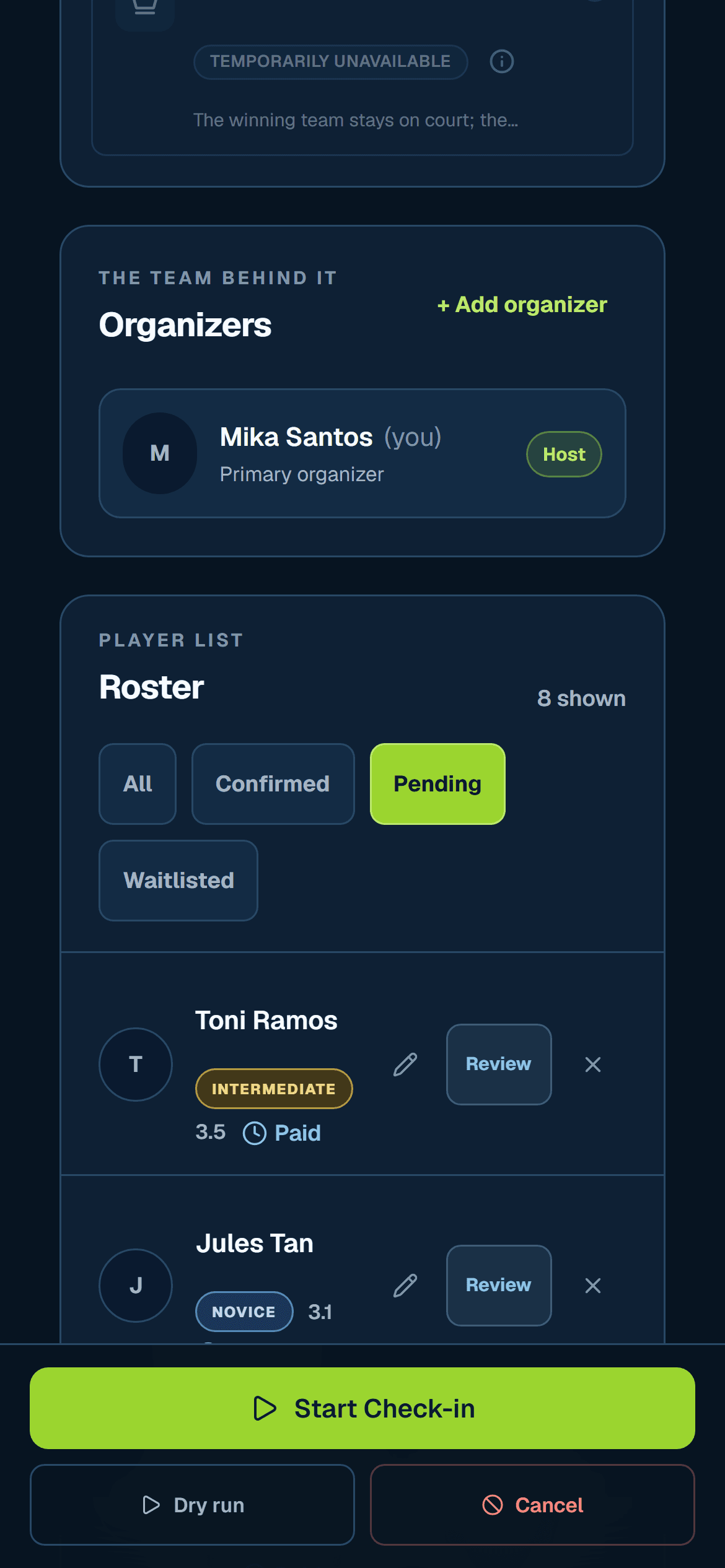 Actual Korte roster showing payment status and review controls