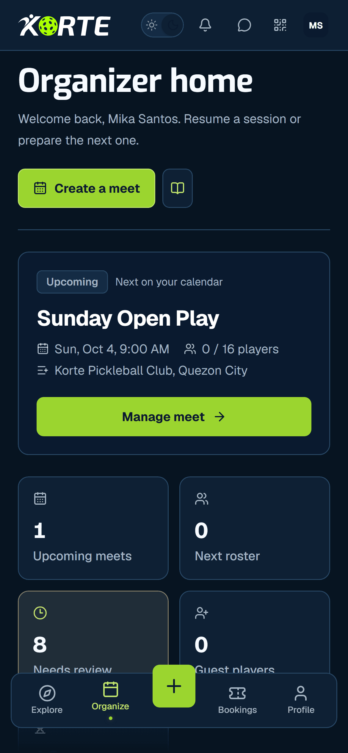 Actual Korte organizer dashboard with meet creation actions