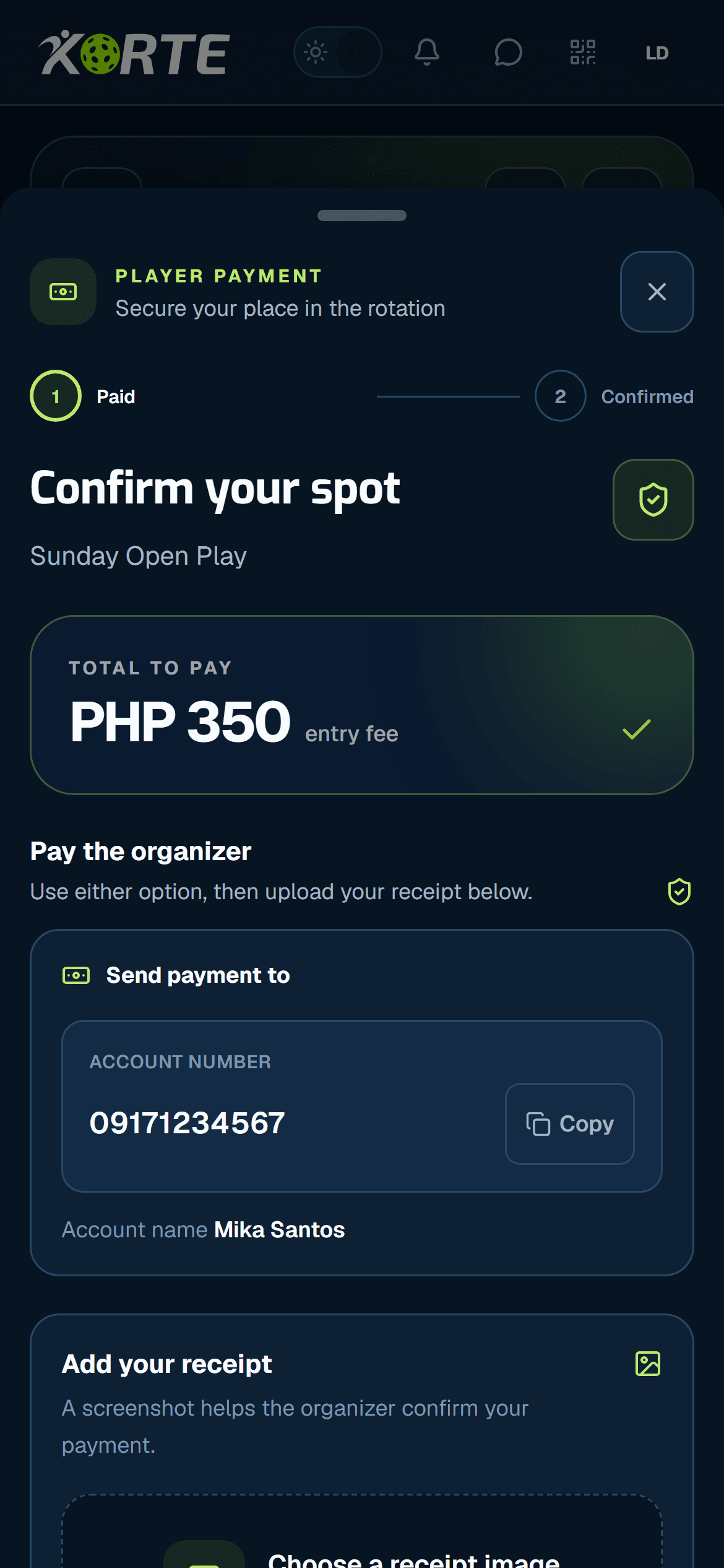 Korte paid meet joining screen with payment instructions and receipt upload