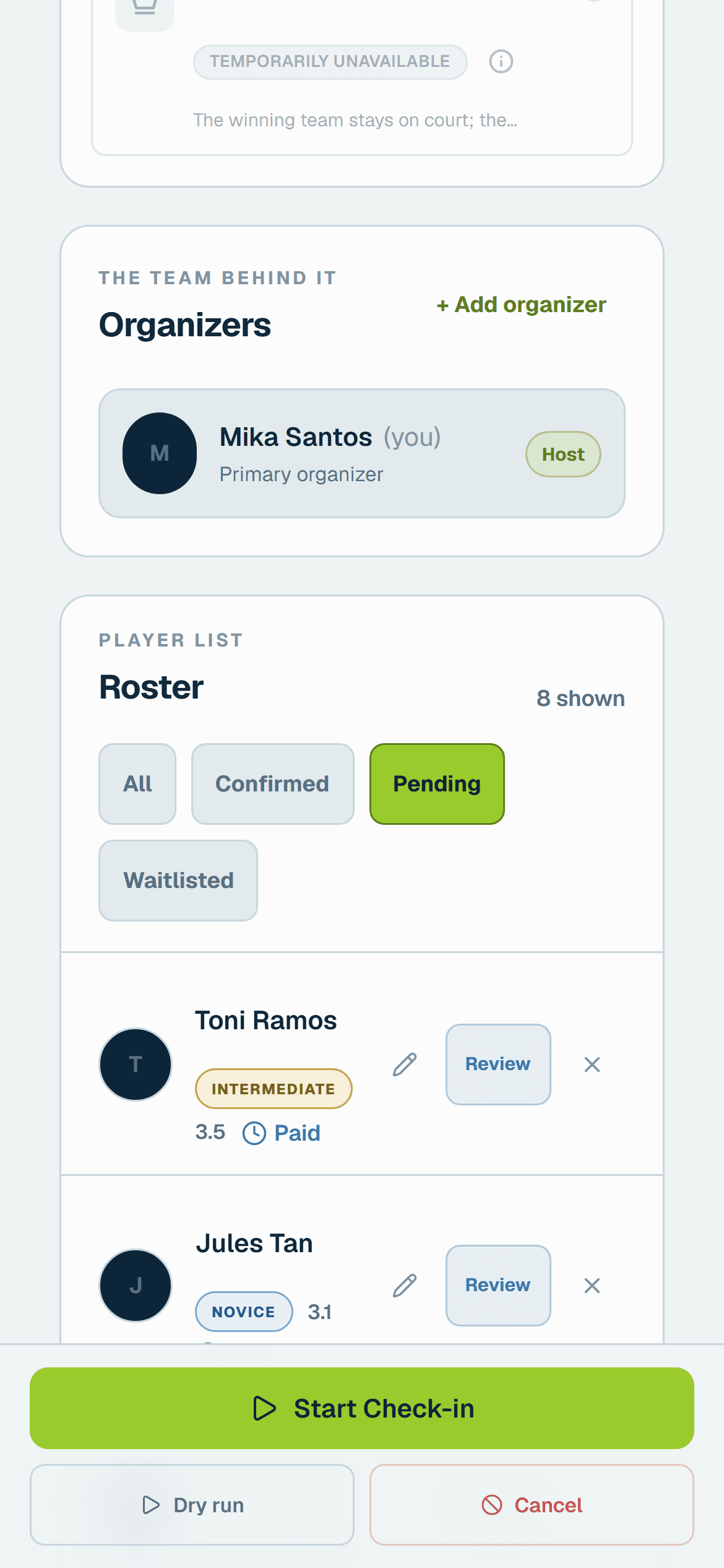 Actual Korte roster showing payment status and review controls