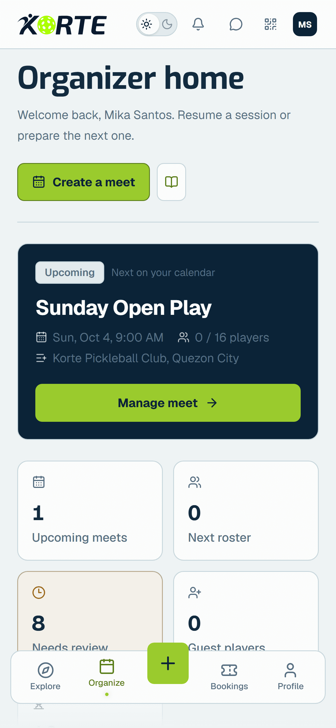 Actual Korte organizer dashboard with meet creation actions