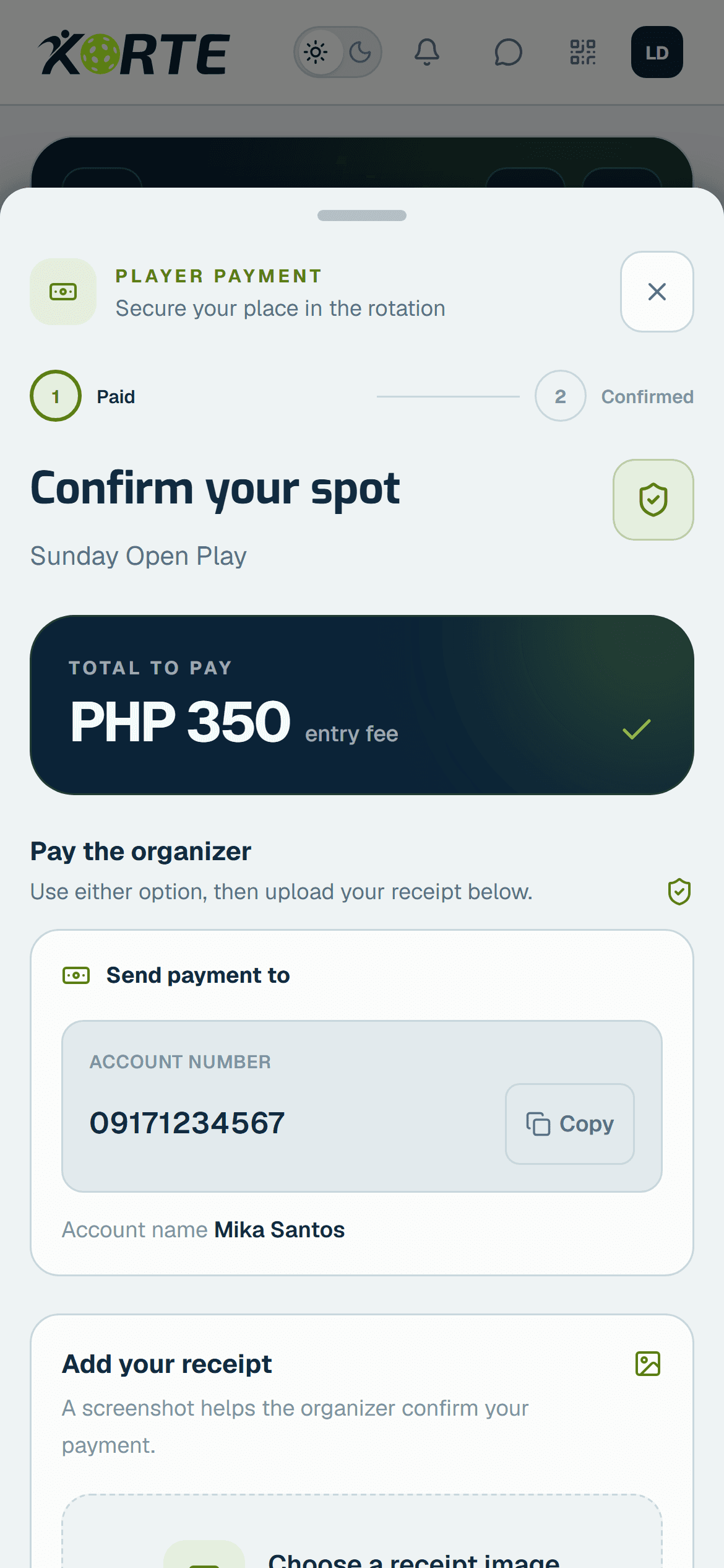 Korte paid meet joining screen with payment instructions and receipt upload